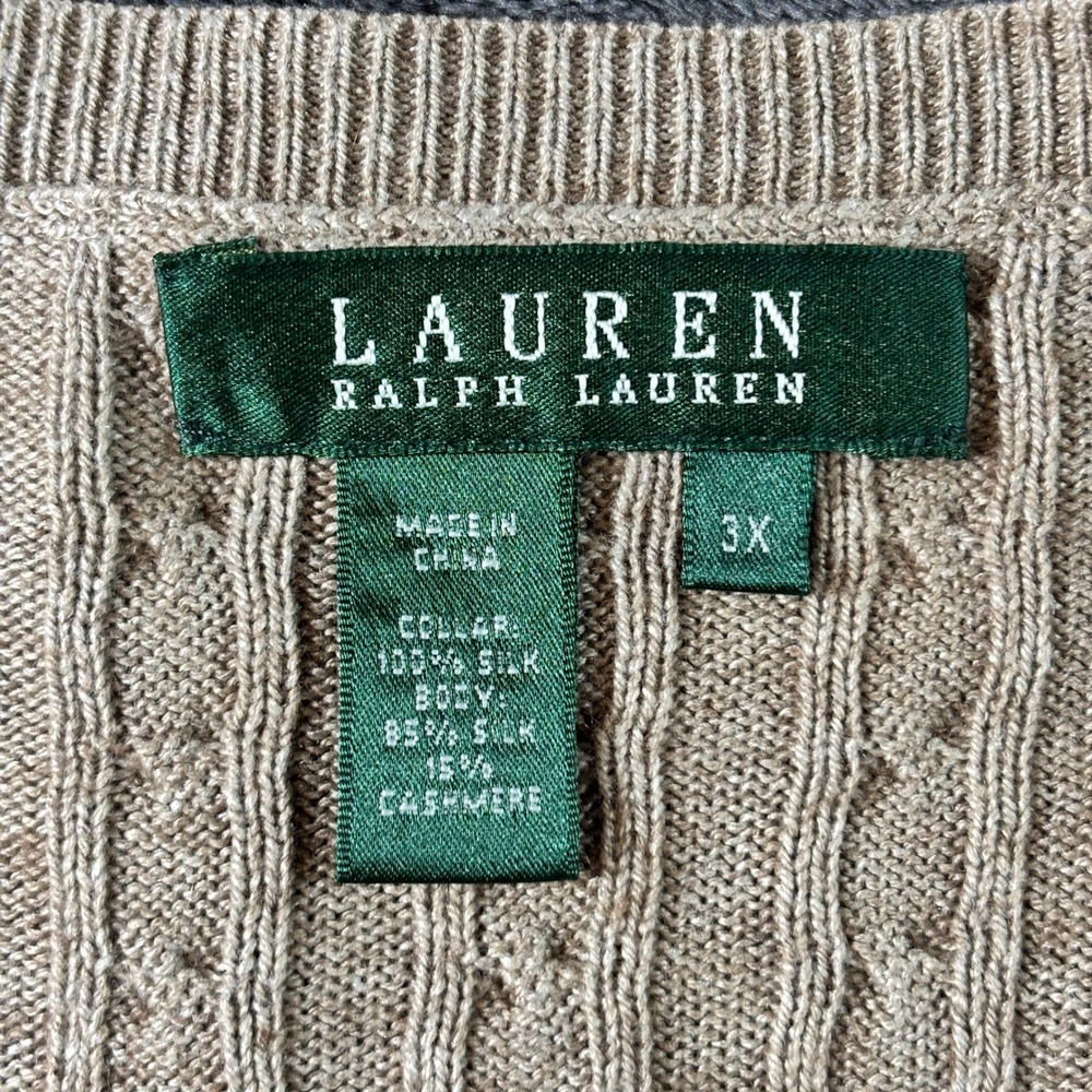 Lauren Ralph Lauren Womens‎ 3X Tan Silk Cashmere Cable Knit Deep V-Neck Sweater - Picture 2 of 10